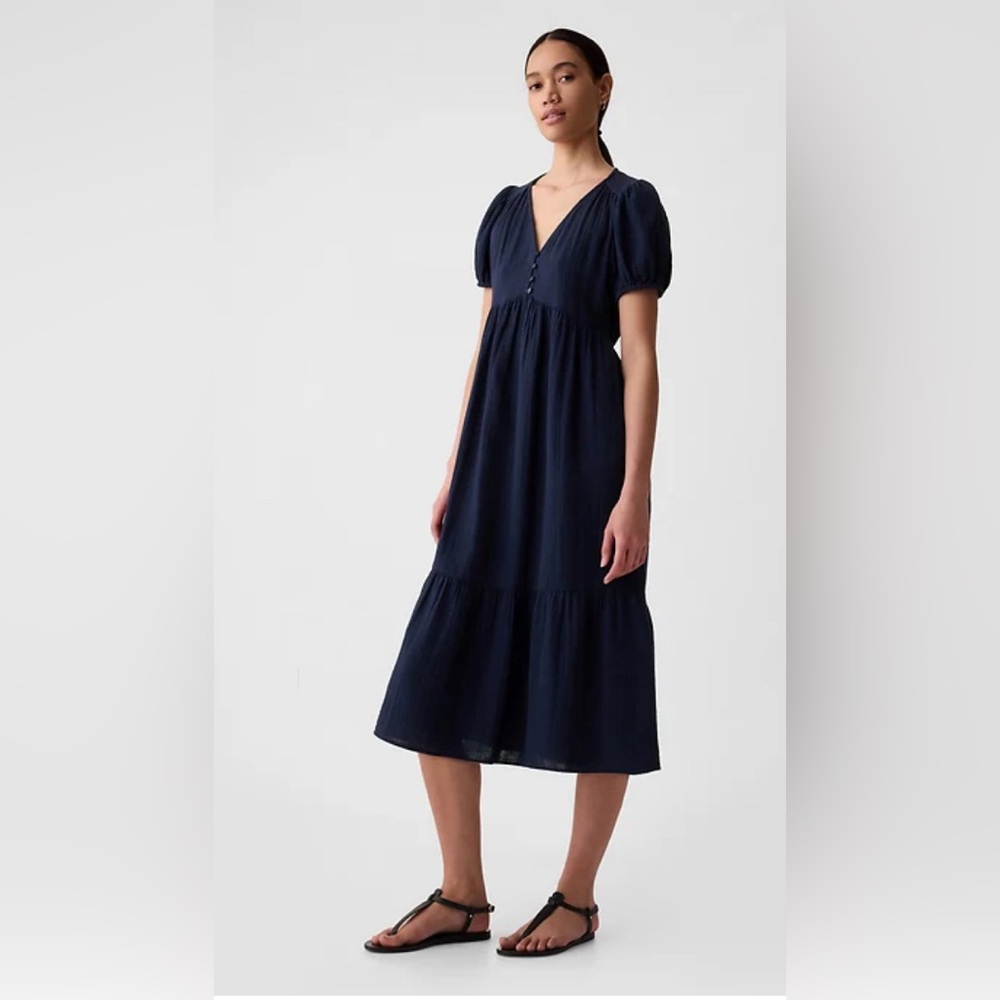GAP Navy Crinkle Gauze Puff Sleeve Midi Dress Large TALL